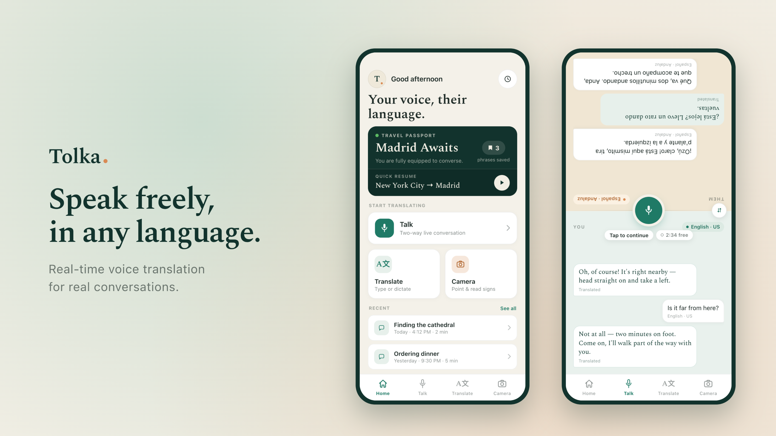 Tolka app screenshot showing a live Spanish to English voice translation in Madrid